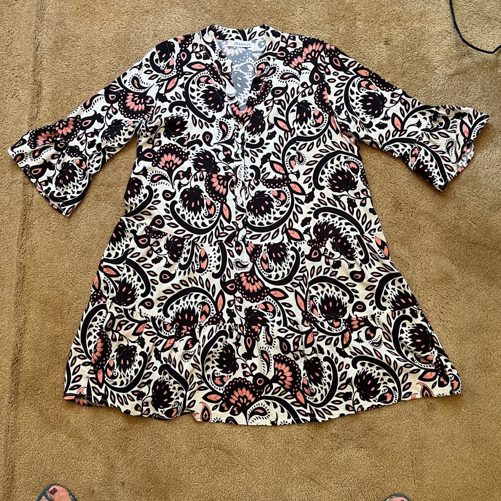 Black and White A-Line Midi Dress with Bell Sleeves